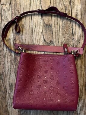 MCM Embossed Burgundy Leather Crossbody with Gold Hardware